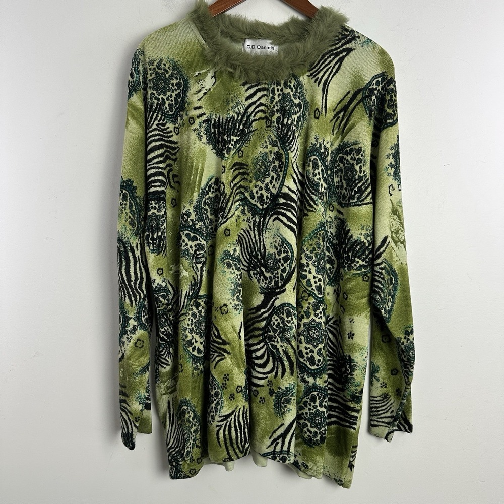 CD Daniels Plus Size 3X Sweater Faux Fur Collar Green Zebra Art to Wear Glam